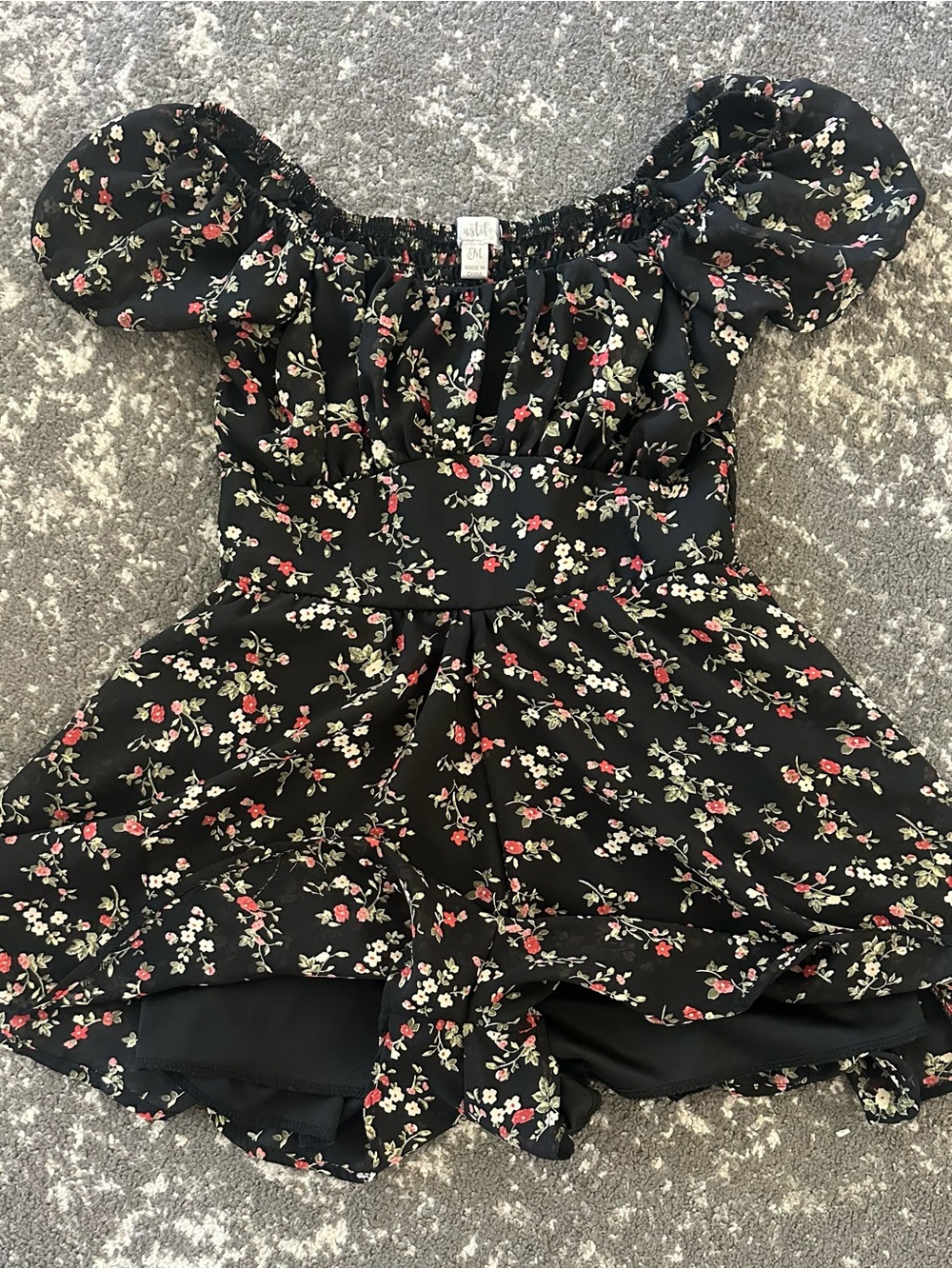 Justify Black Floral Off-Shoulder Romper with Red and Cream Blossoms